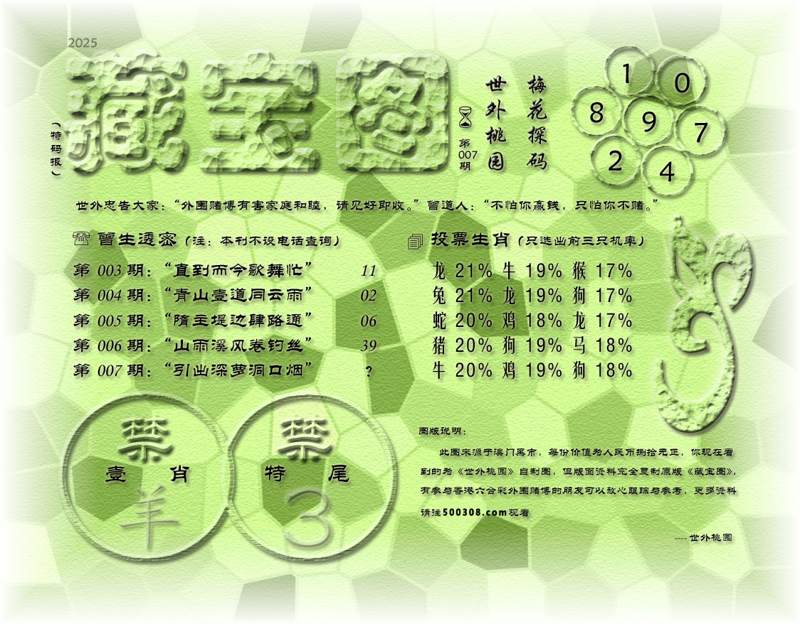 007期藏寶圖_新:岭梅蜀柳笑人忙_老:引出深萝洞口烟_禁:羊_禁:3尾_玄機字:《策》